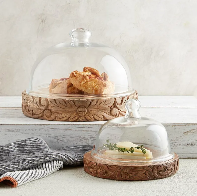 Carved Wood Base w/ Cloche