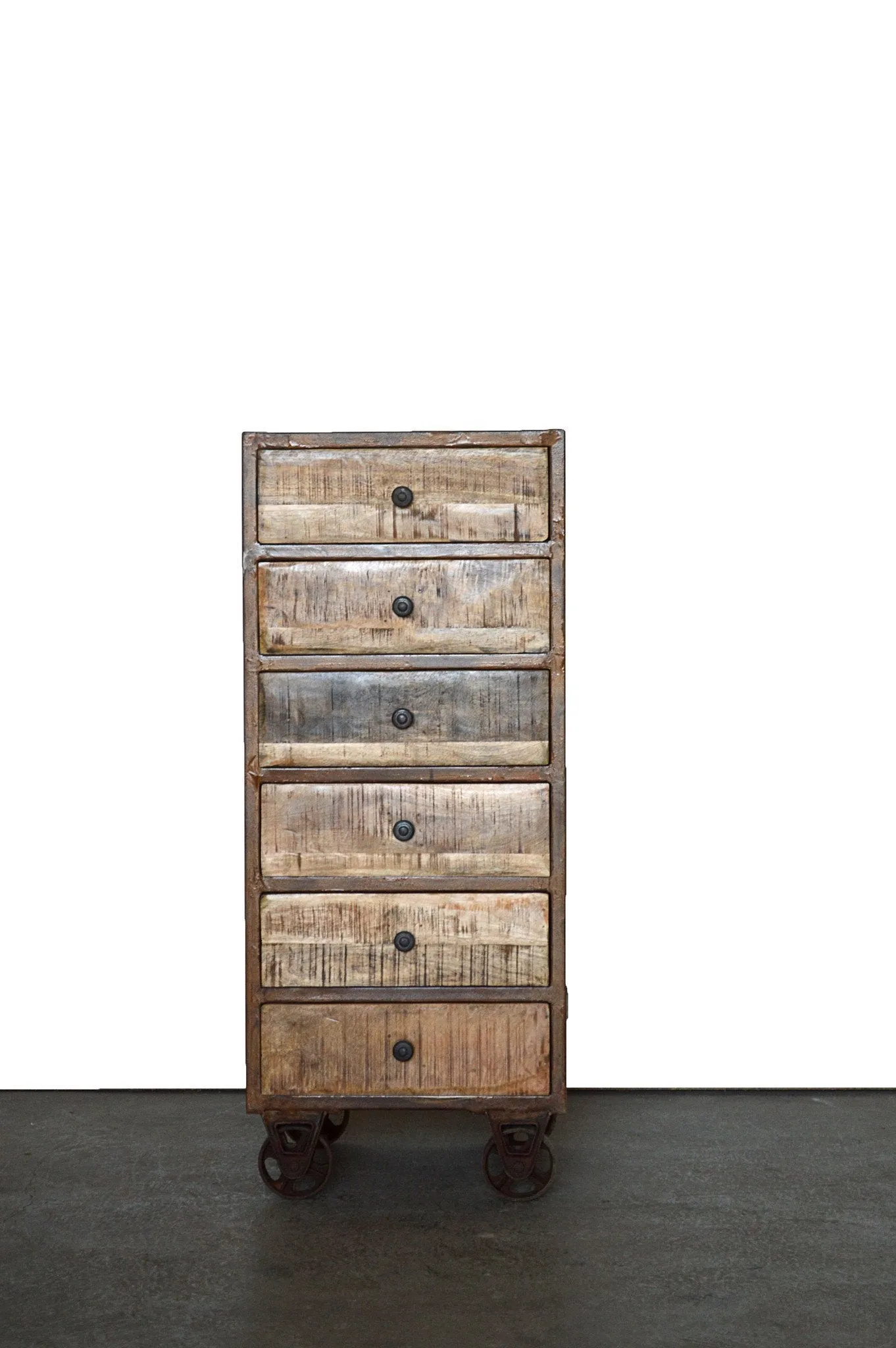 Cassettiera Industrial con ruote in Legno Massello con Struttura e Ruote in Ferro Rusty - 6 cassetti - BH.2519R