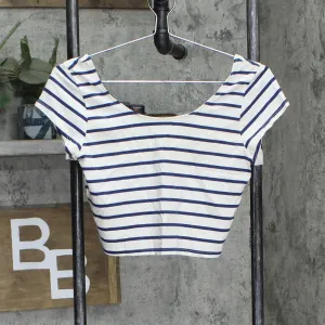 Charlotte Russe Womens Knit Cropped Low Back Shirt Top Ivory Blue Striped L