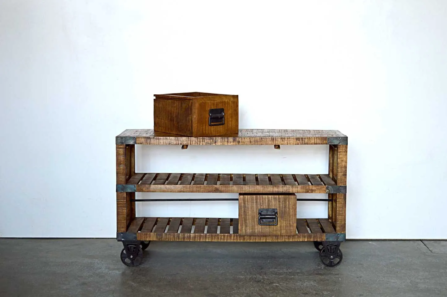 Credenza Porta TV Industrial con ruote in Legno Massello Country Rustico -  2 vani 2 cassetti -SAM14006-