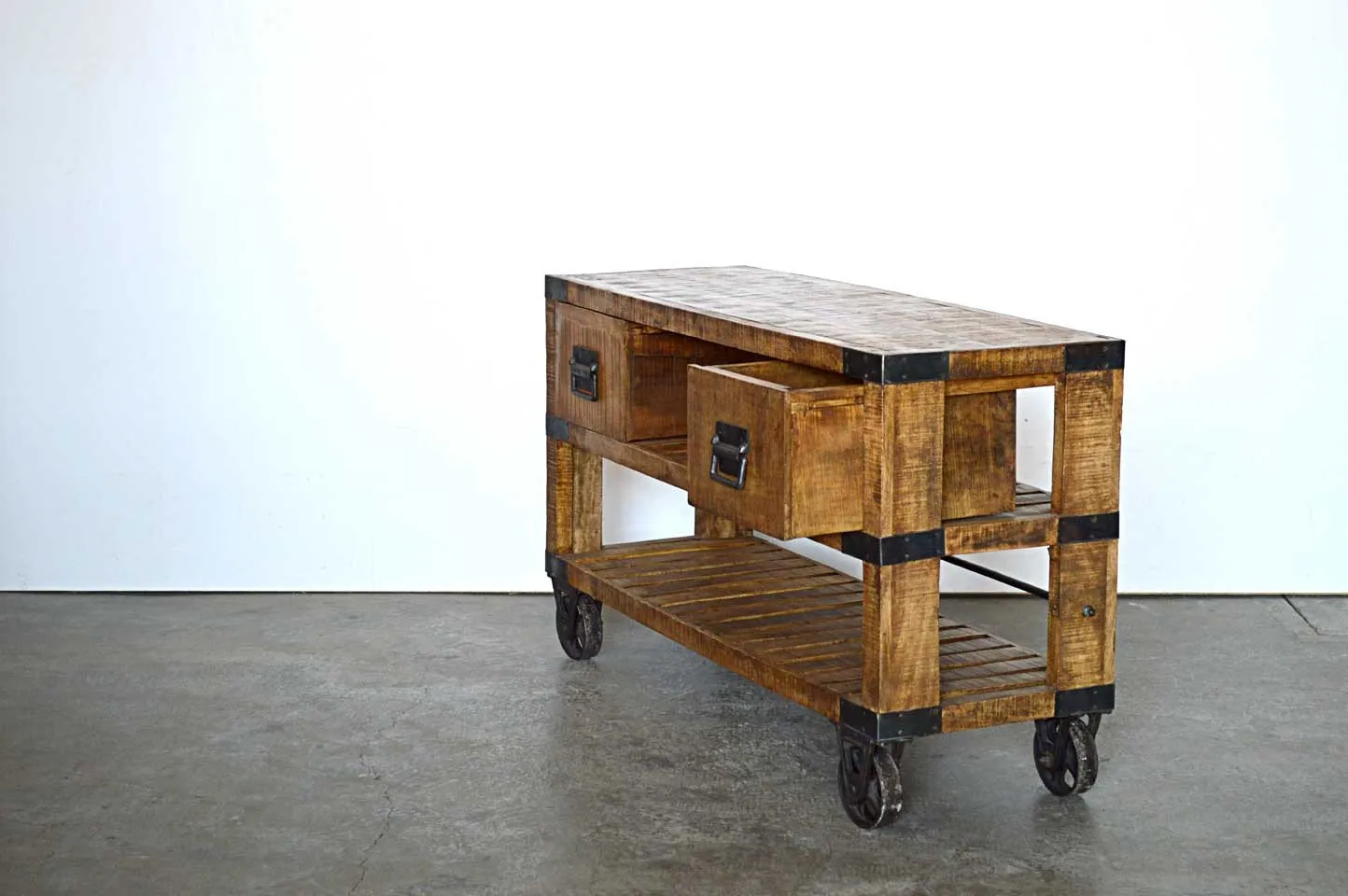 Credenza Porta TV Industrial con ruote in Legno Massello Country Rustico -  2 vani 2 cassetti -SAM14006-