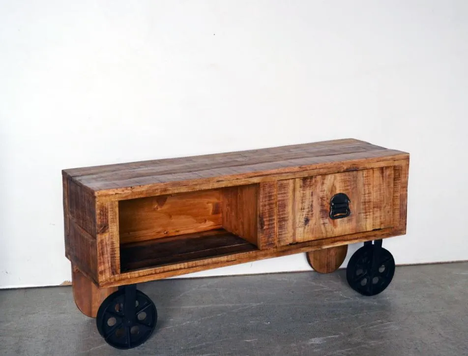Credenza porta tv Industrial in Legno Massello con ruote in ferro 1 anta 1 vano  BHL1152