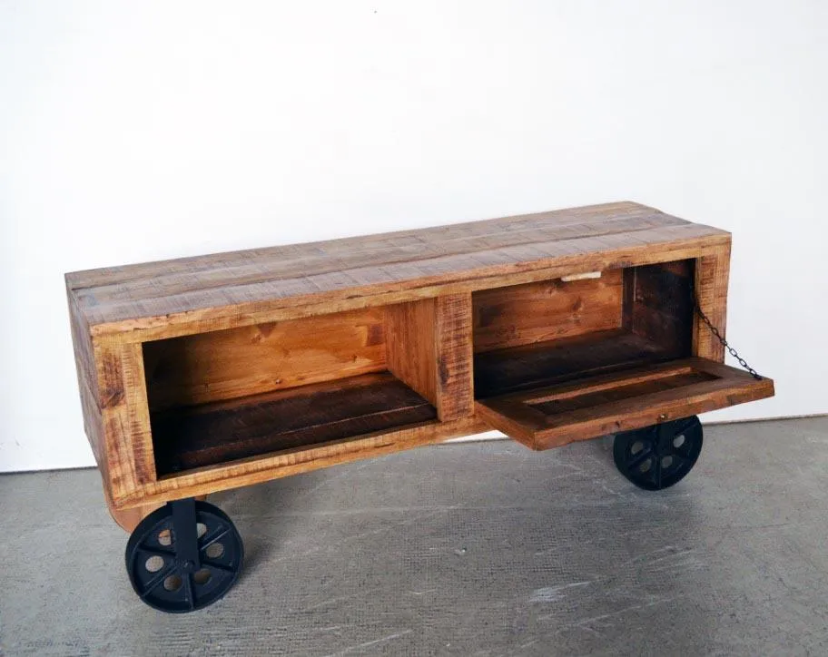 Credenza porta tv Industrial in Legno Massello con ruote in ferro 1 anta 1 vano  BHL1152