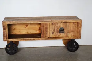 Credenza porta tv Industrial in Legno Massello con ruote in ferro 1 anta 1 vano  BHL1152