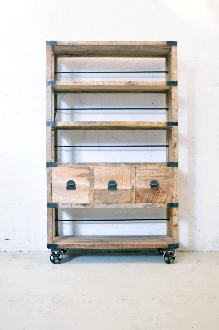 Libreria Industrial con ruote in Legno massello di Mango Country Rustico - 3 cassetti -SAM14.2M-