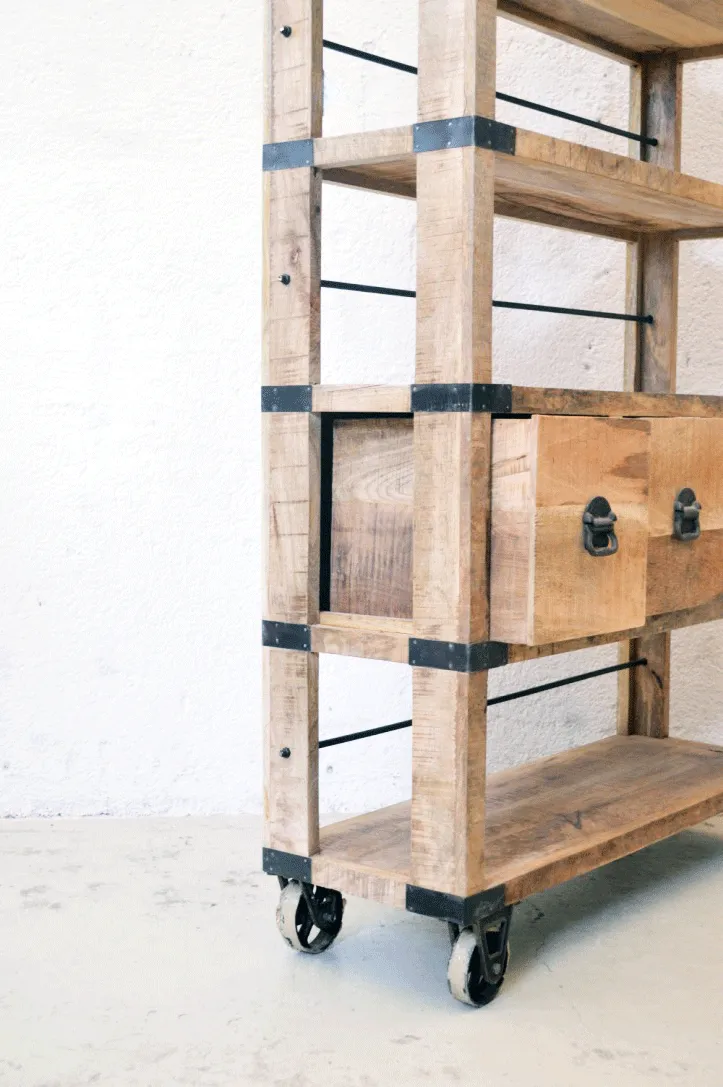 Libreria Industrial con ruote in Legno massello di Mango Country Rustico - 3 cassetti -SAM14.2M-