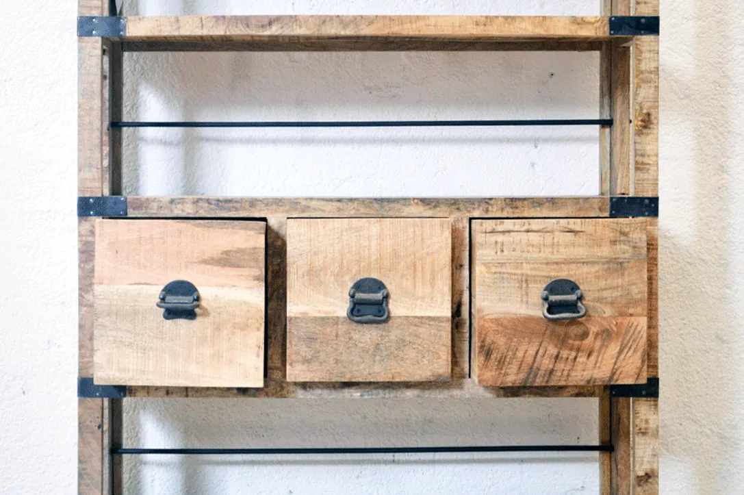 Libreria Industrial con ruote in Legno massello di Mango Country Rustico - 3 cassetti -SAM14.2M-