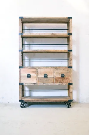 Libreria Industrial con ruote in Legno massello di Mango Country Rustico - 3 cassetti -SAM14.2M-